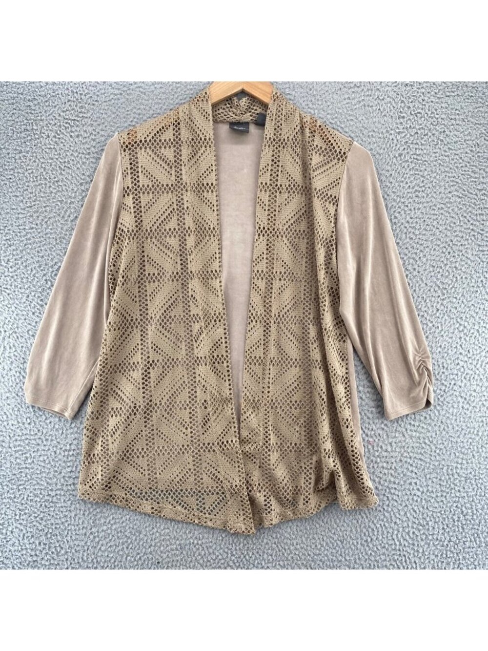 Chicos Sweater Womens 2 US Large Beige Travelers Open Knit Cardigan 3/4 Sleeves